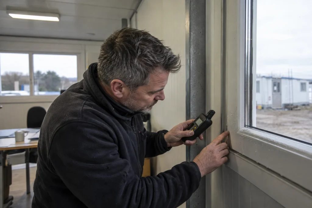 Illustrative technician documenting moisture at a flat-pack office window frame