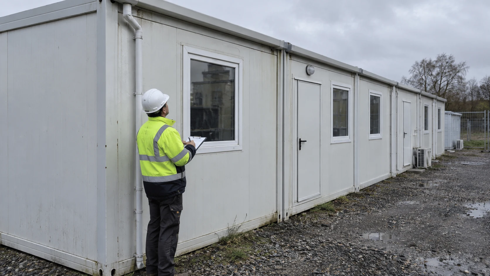 Illustrative inspection of flat-pack exterior roof and window transitions after rain