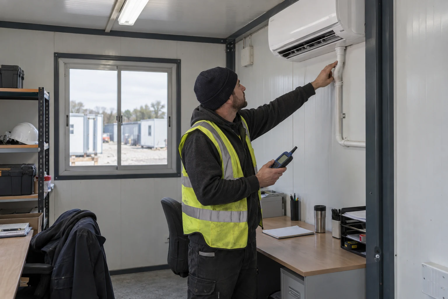 Illustrative technician checking air-conditioning condensate drain in a modular office