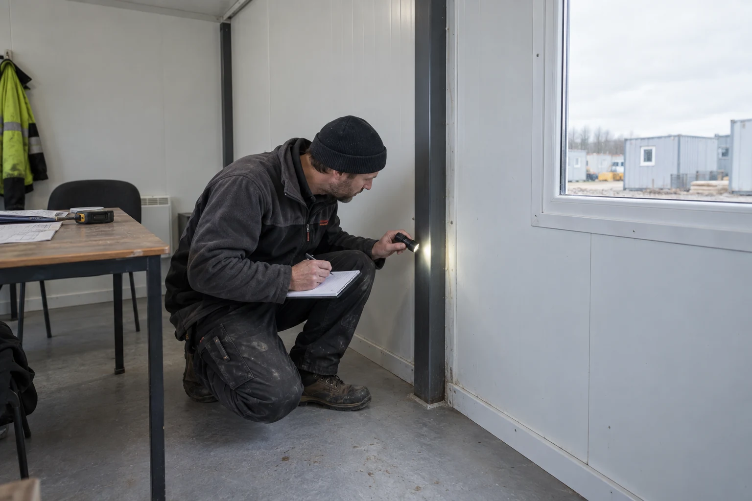 Illustrative inspection of a flat-pack wall panel and steel post interface