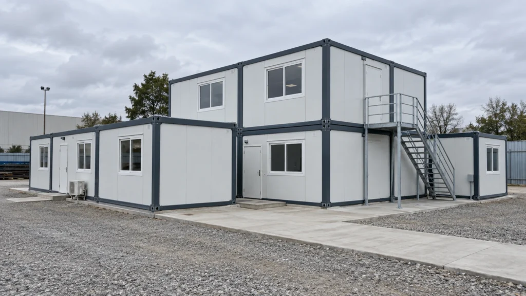 Illustration of a two-storey flat-pack modular building with exterior stair access.