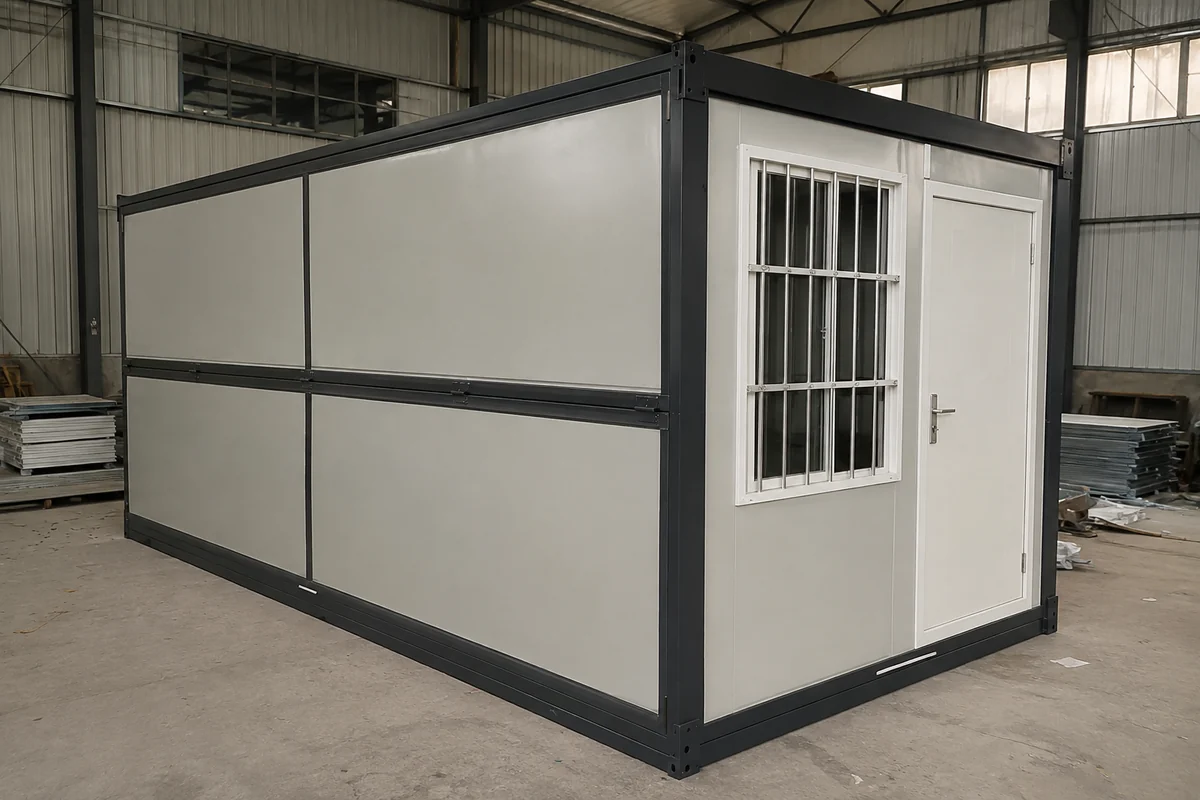 Illustrative assembled folding container house with a mid-wall folding joint