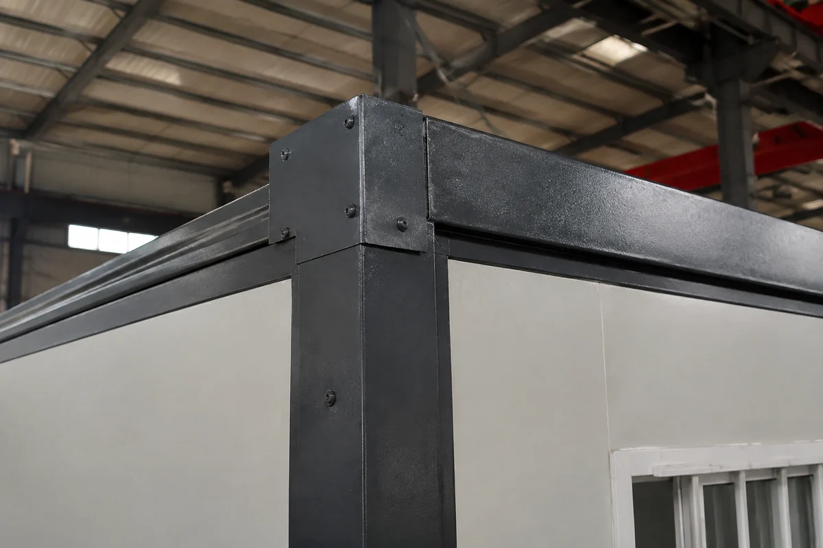 Illustrative roof edge and wall enclosure joint on a folding cabin.