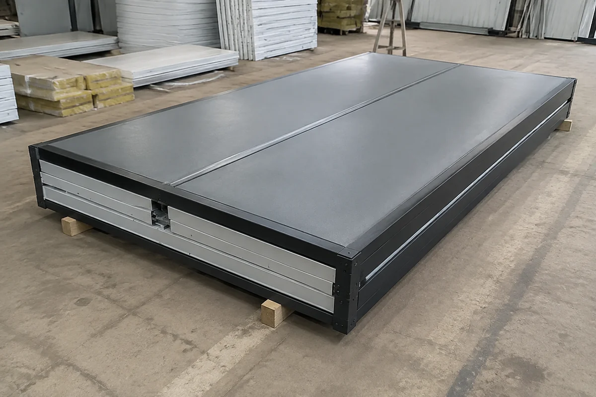 Illustrative folding container unit in its collapsed transport state