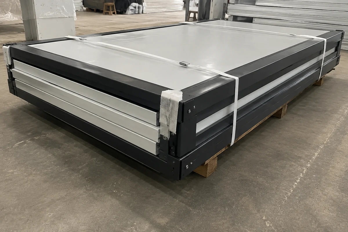 Illustrative corner protection and packing of a folded cabin.