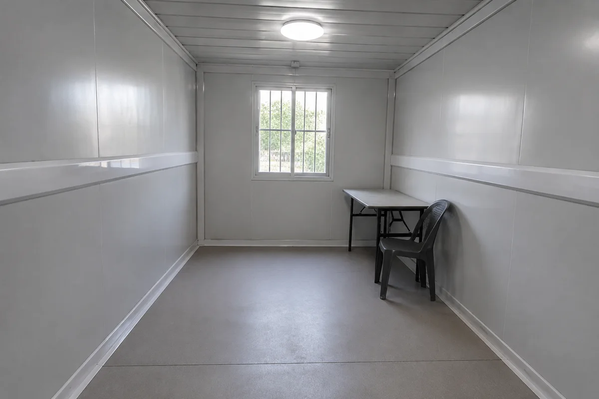 Illustrative folding cabin interior with a loose table and chair
