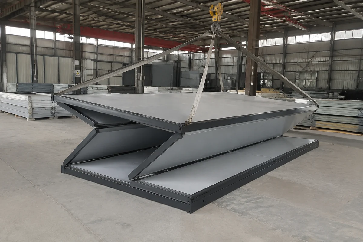Illustrative partial unfolding of a folding cabin in a workshop.
