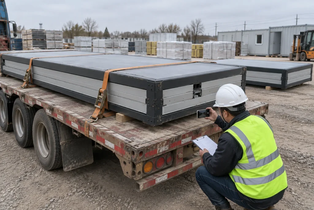 Illustrative folded container house delivery condition inspection at an ordinary building yard