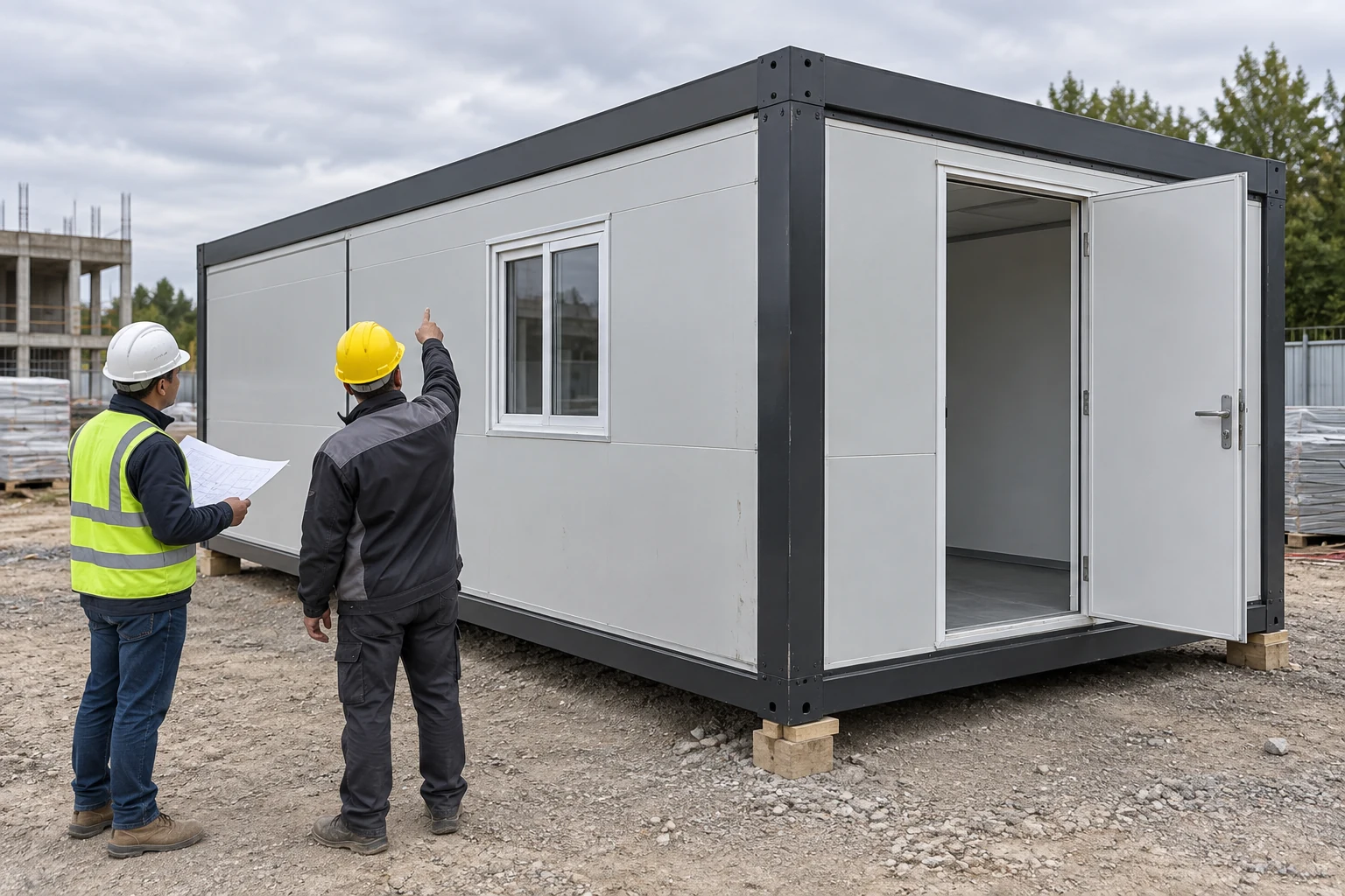Illustrative site crew checking an opened folding unit against its delivery record
