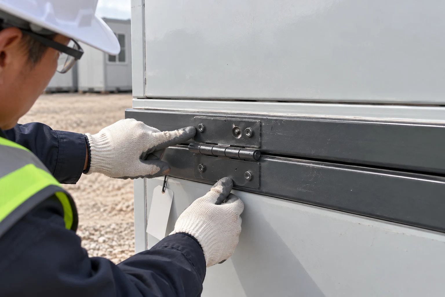 Illustrative close inspection of a folding-house hinge and fasteners