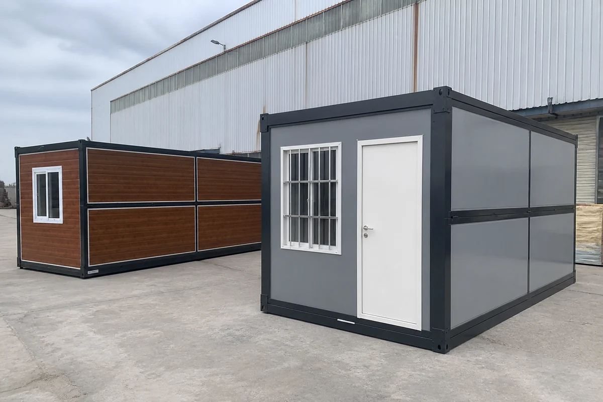Illustrative modular and container building systems in a factory yard.