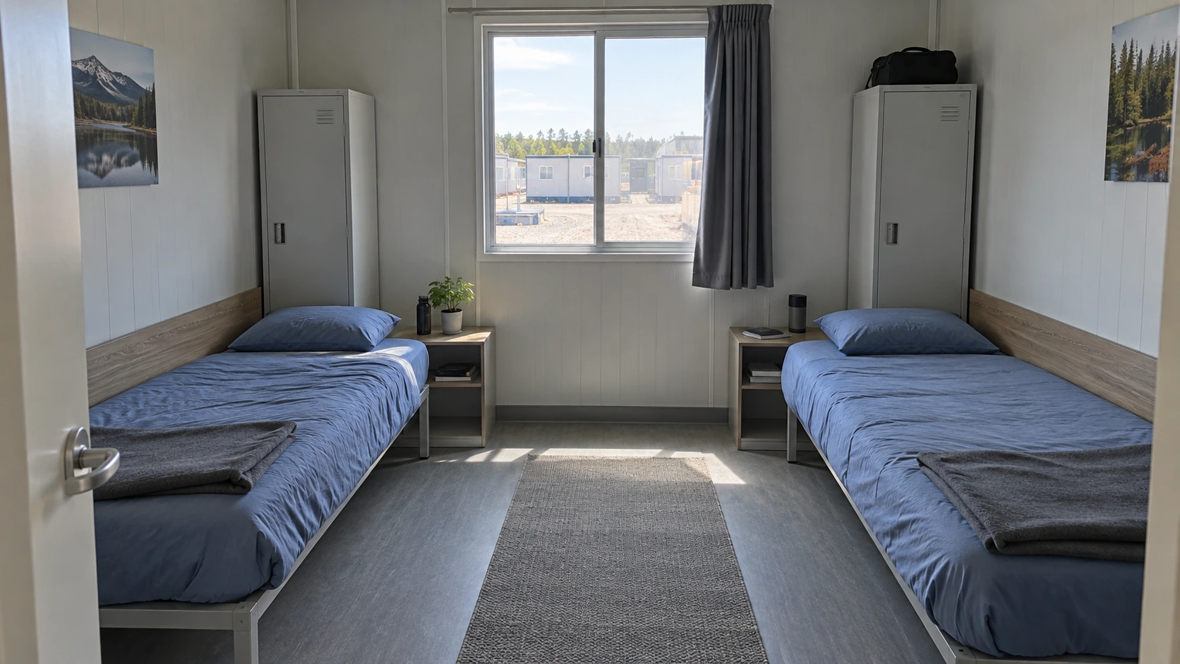 New concept illustration of a modest shared modular bedroom with two separate beds and individual storage.