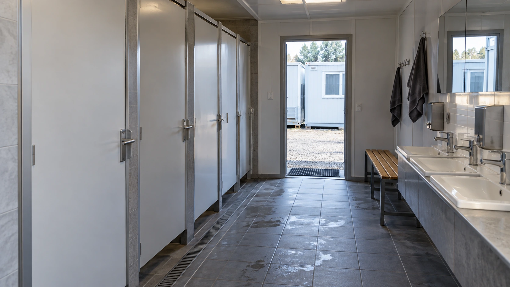 New concept illustration of a modular washroom with private cubicle doors, shared basins and an exterior entrance.