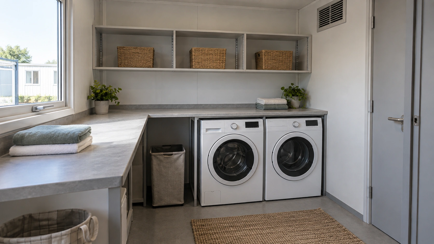 New concept illustration of a modular laundry room with machines, sorting baskets and a folding counter.