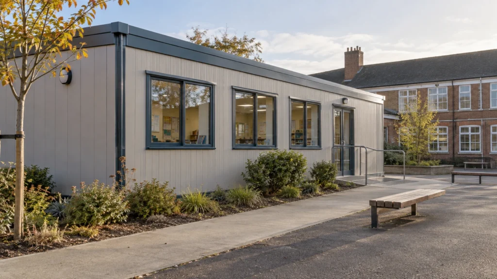 New concept illustration of a modest modular classroom building connected to a school courtyard.