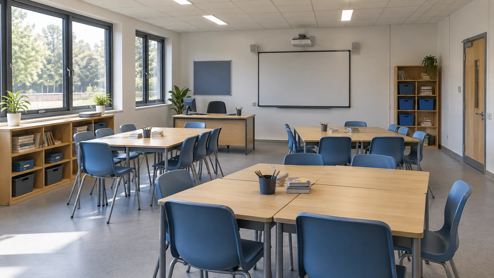 New concept illustration of a furnished modular classroom with desks, a teaching board and resource storage.