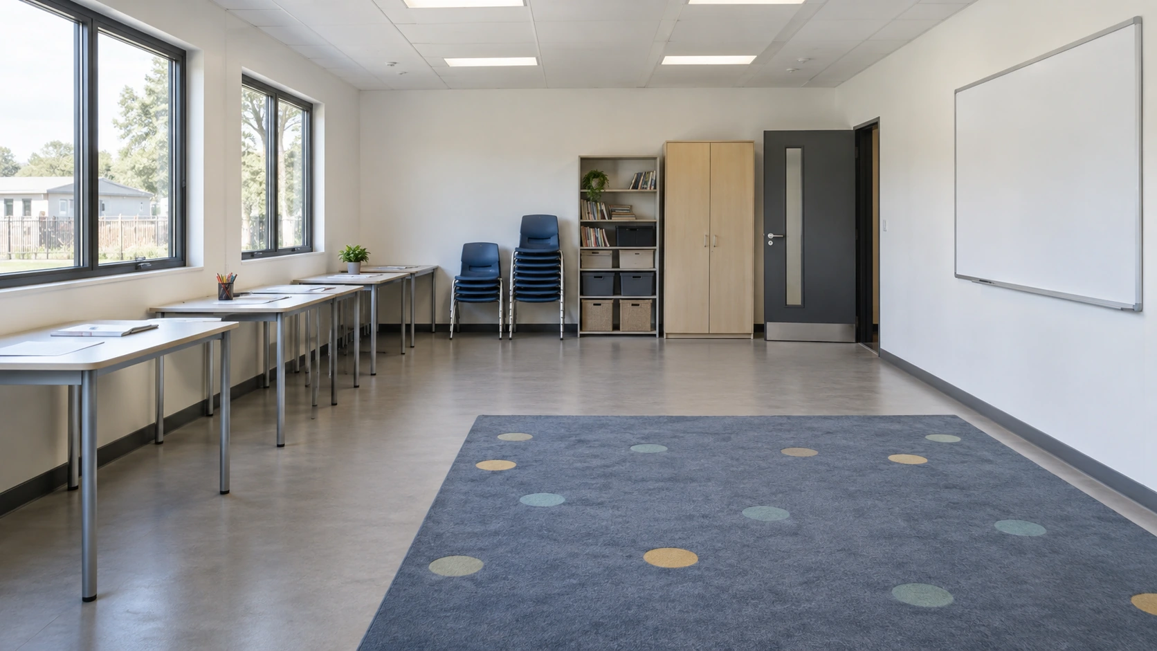 New concept illustration of a classroom with movable tables along one side and an open central activity area.