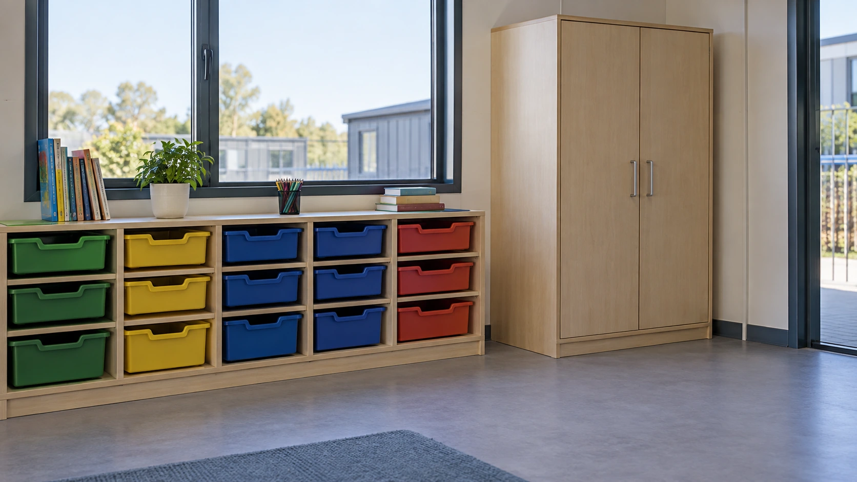 New concept illustration of low classroom storage shelves with organized trays and accessible floor space.
