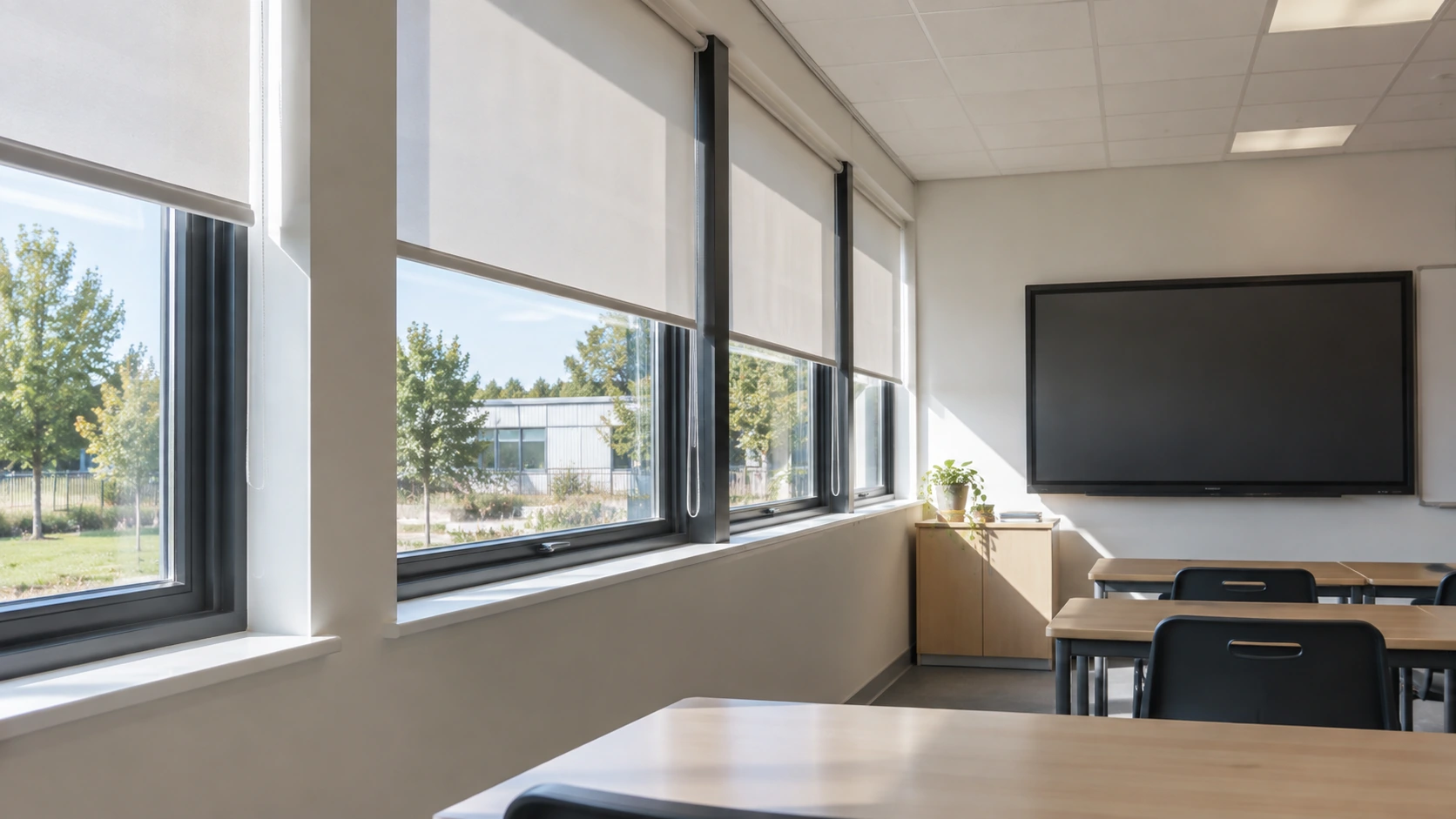 New concept illustration of classroom side windows with adjustable blinds and a teaching display on an adjacent wall.