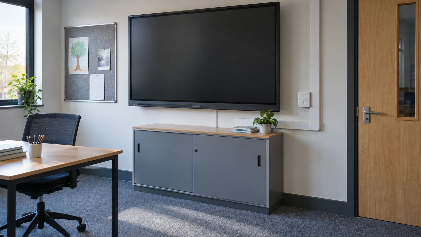 New concept illustration of a classroom teaching station with a blank display, enclosed cable routes and nearby wall controls.