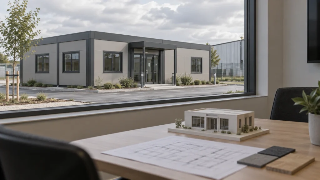 New concept illustration of a modular reception building viewed from its furnished design-review table.