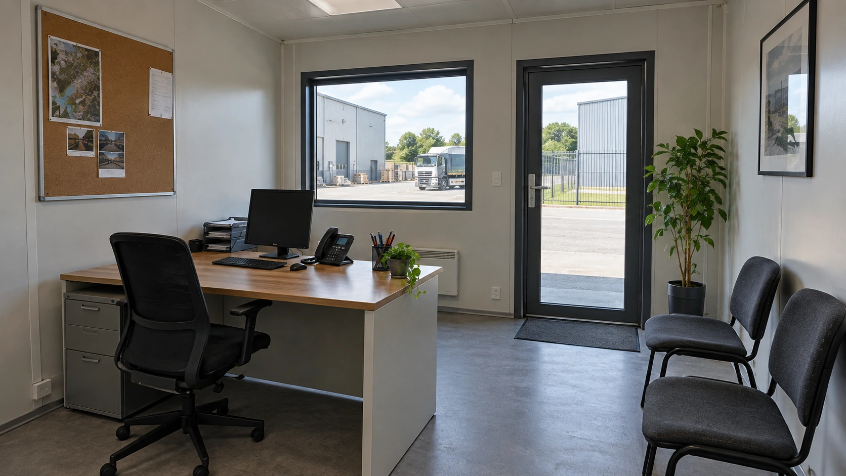 New concept illustration of a furnished modular reception room with a desk facing the visitor entrance.