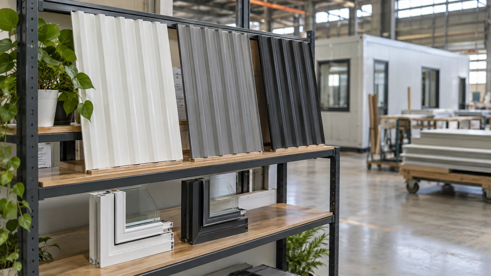 New concept illustration of separate wall-finish samples and window-frame options on a factory sample rack.