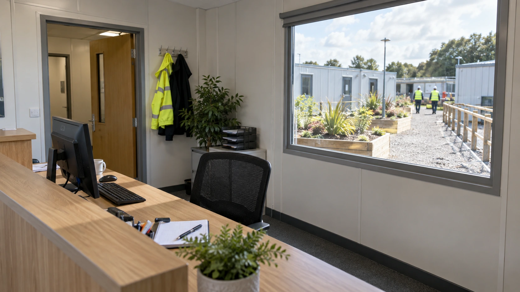 New concept illustration of a reception desk beneath a modular-room window overlooking the entrance path.
