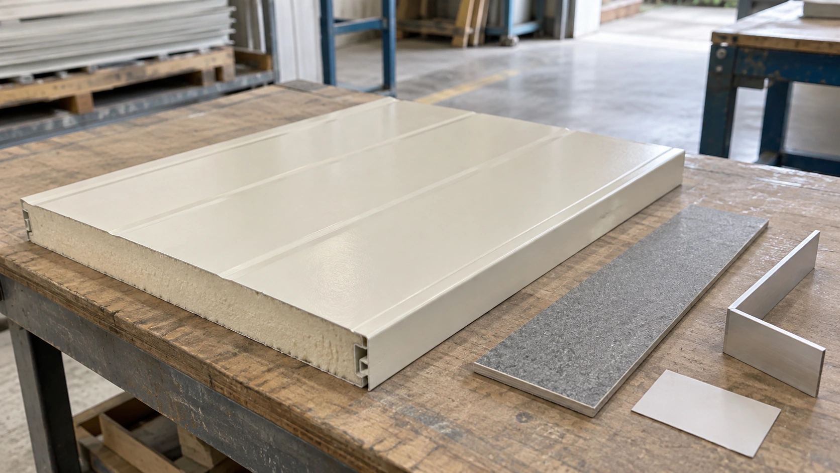 New concept illustration of a wall-panel sample beside flooring and trim samples under neutral light.