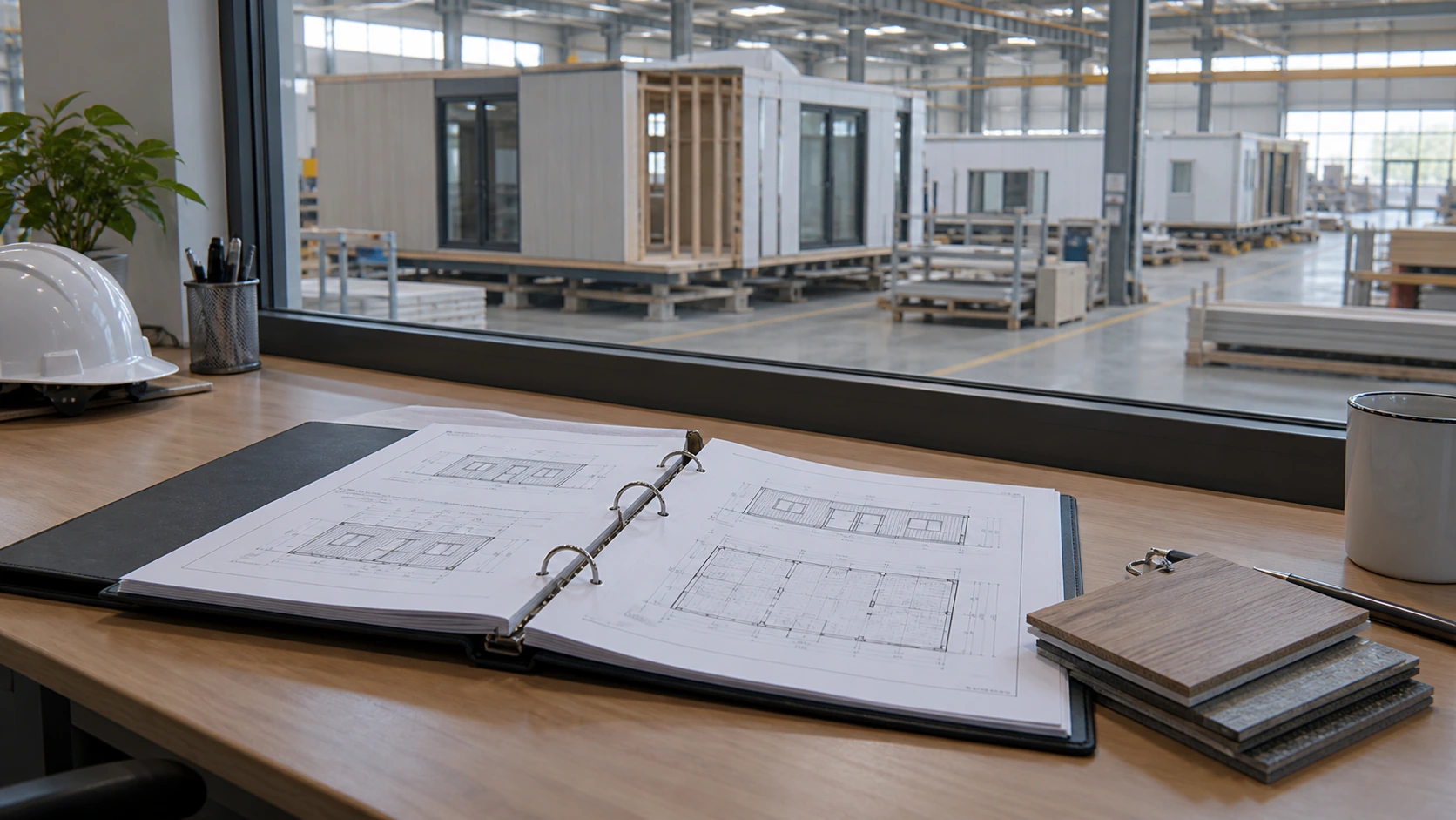 New concept illustration of a neatly consolidated drawing binder and finish references at a factory review station.