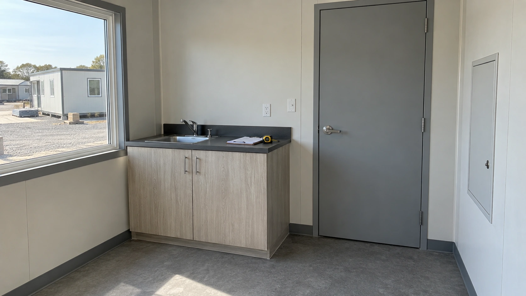New concept illustration of a finished modular room with a clipboard resting beside its installed cabinet and service-access door.