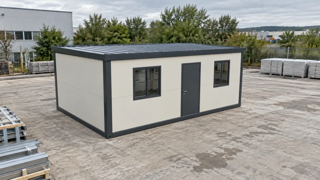 New concept illustration of an unoccupied completed compact prefab room with its exterior joints visible.