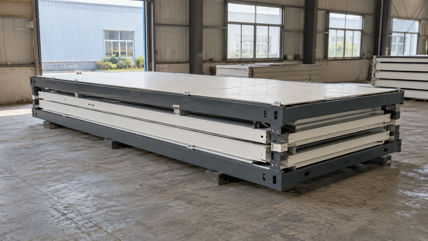 New concept illustration of a compact collapsed prefab building package resting on factory supports.