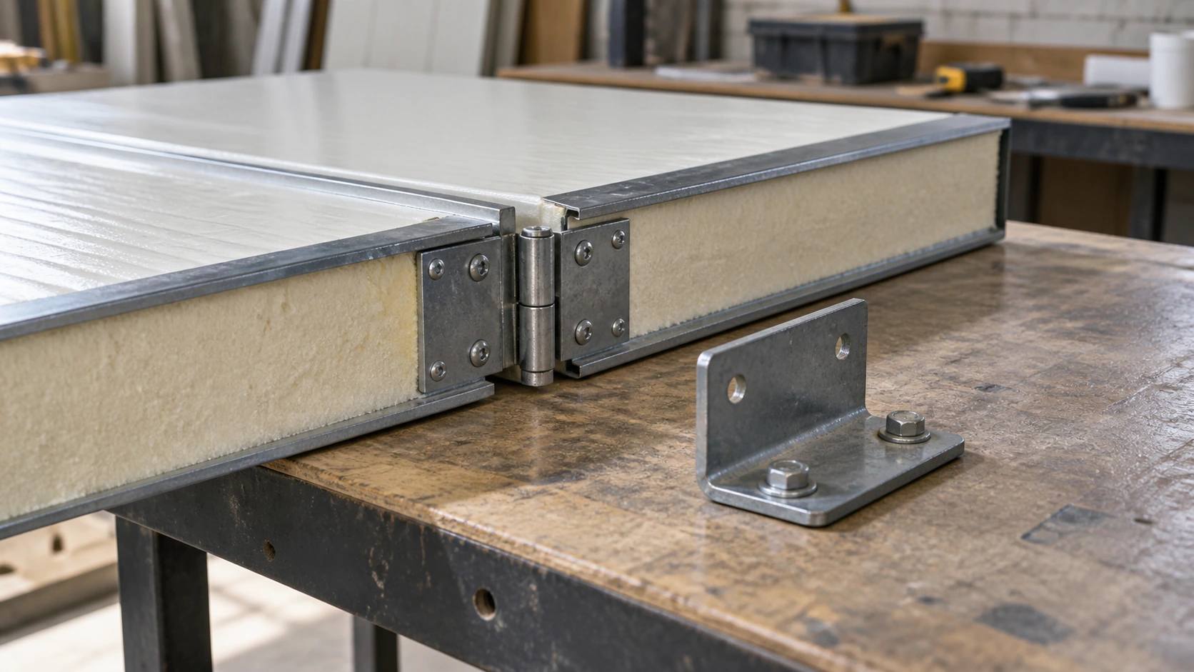 New concept illustration of a modular panel-edge demonstration sample with a hinge and a separate securing bracket.