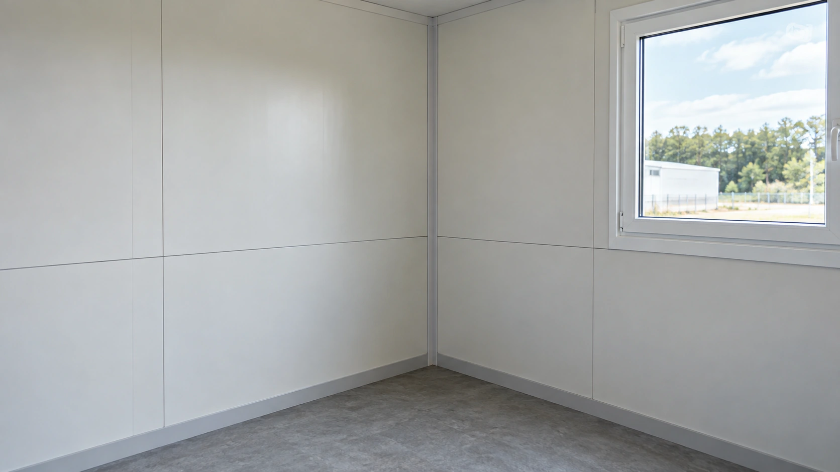 New concept illustration of a completed modular room corner showing panel joints and a closed window.