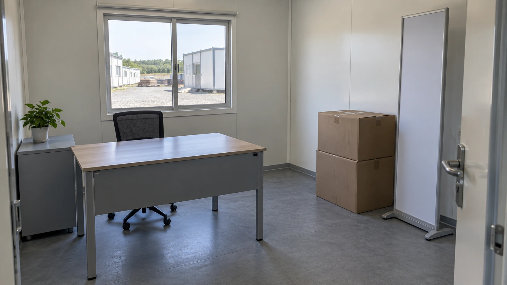 New concept illustration of removable office furniture and a display stand packed inside an empty prefab room.