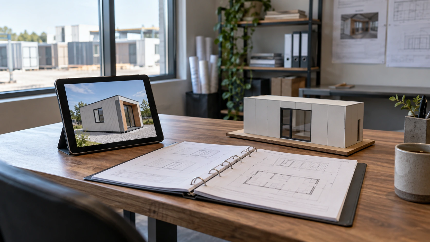 New concept illustration of a tablet and model documentation on a review desk beside a compact building model.