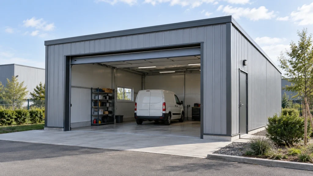 New concept illustration of a modular garage with a clear approach and a parked vehicle visible through its open door.
