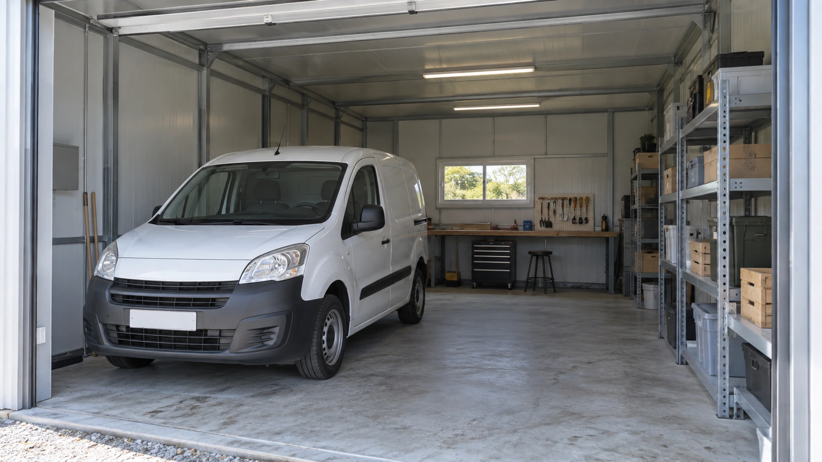 New concept illustration of a parked van inside a modular garage with separately arranged storage and a workbench.