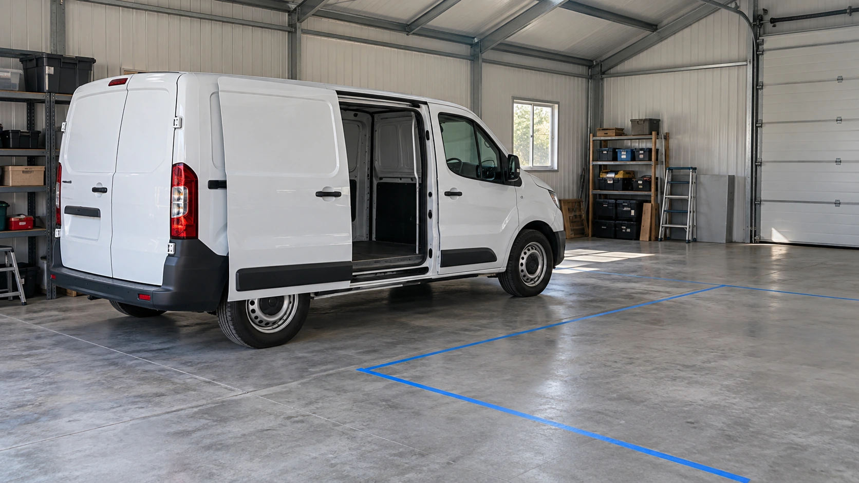 New concept illustration of a stationary van with its side sliding door open during a garage space review.