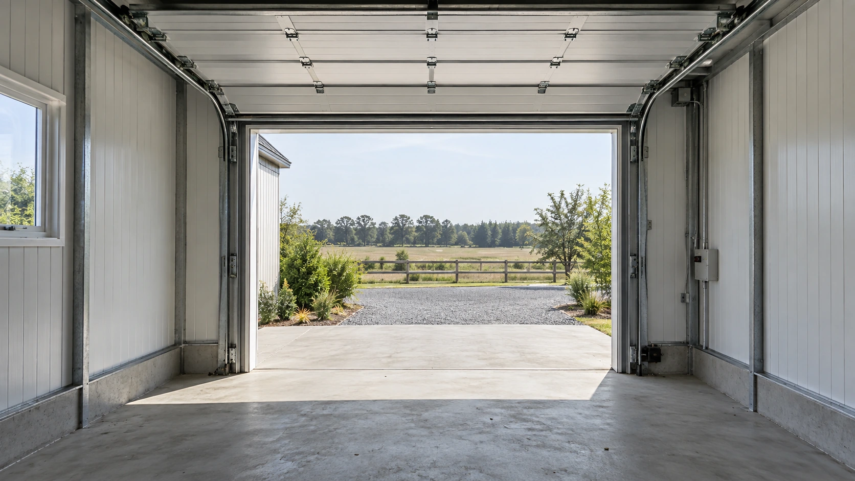 New concept illustration of an open sectional garage doorway showing its tracks and the clear passage to the approach.