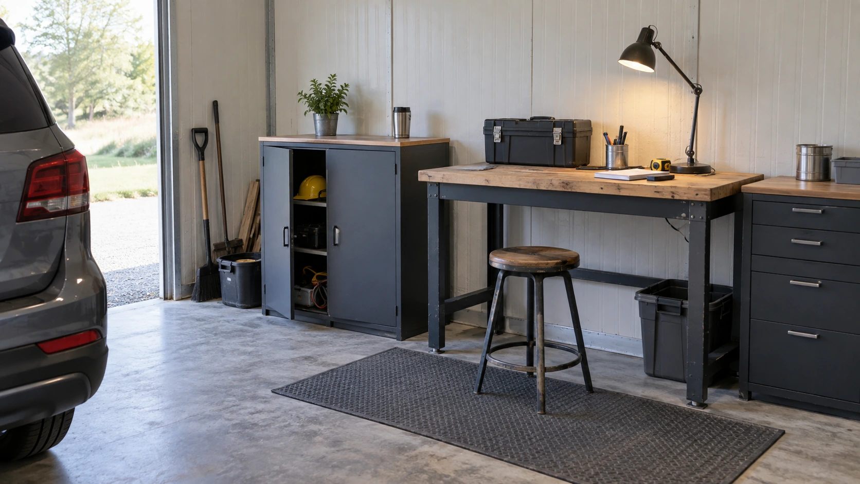 New concept illustration of a garage workbench and shallow storage cabinets beside an unobstructed walking route.