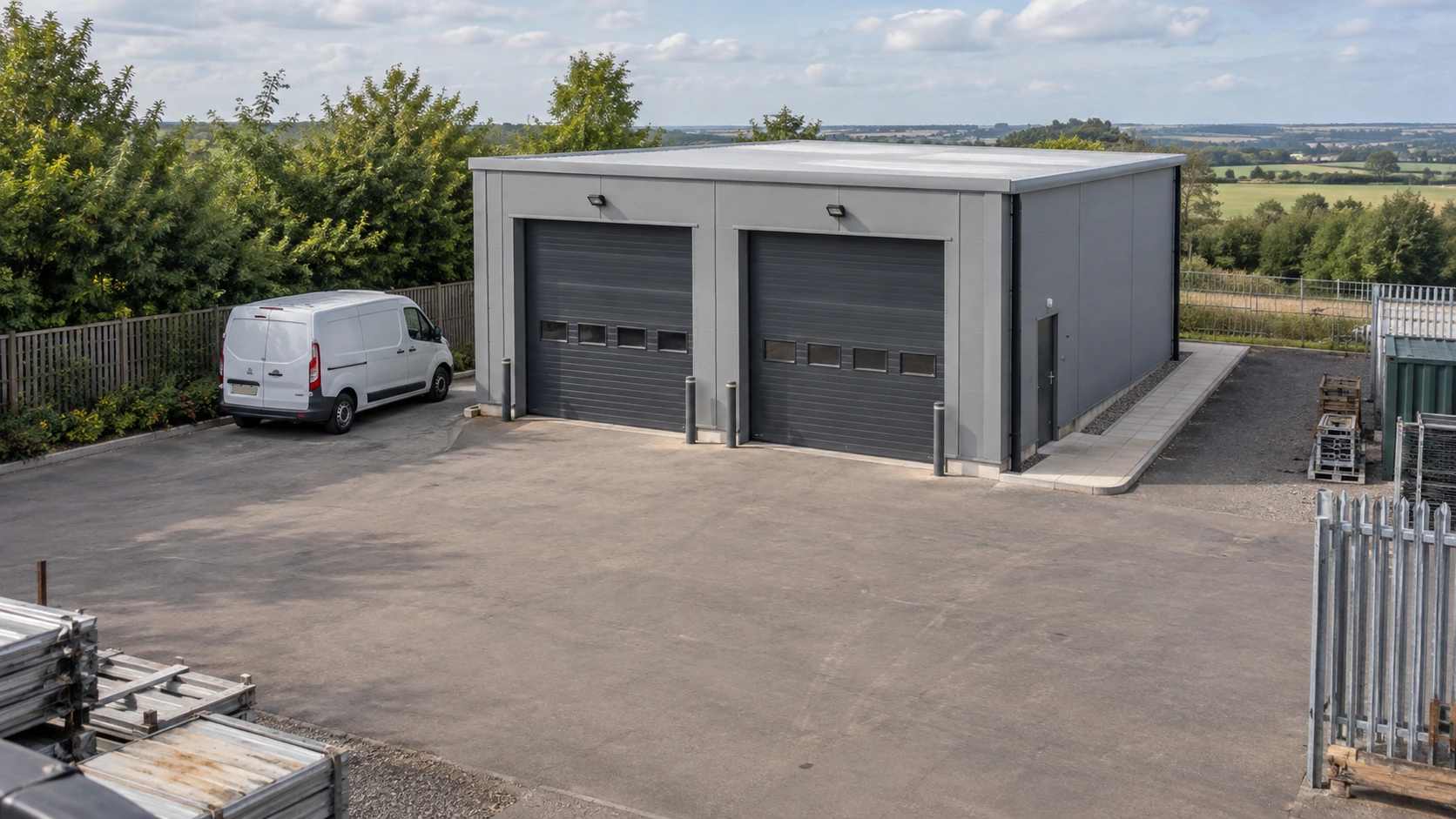 New concept illustration of a modular depot garage with a vehicle approach and a separate pedestrian path.
