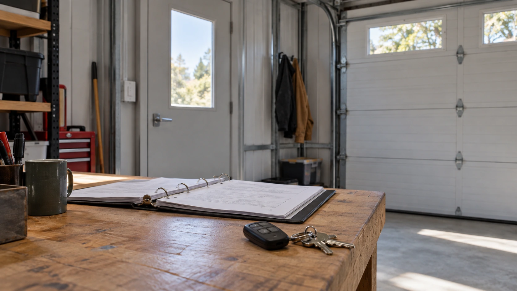 New concept illustration of a garage inspection folder and door remote on a workbench beside the finished entrance.