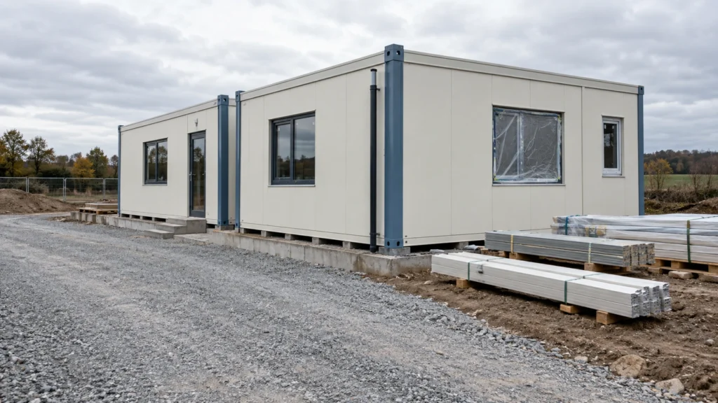 New concept illustration of a single-storey modular building beside a prepared receiving area before handover.