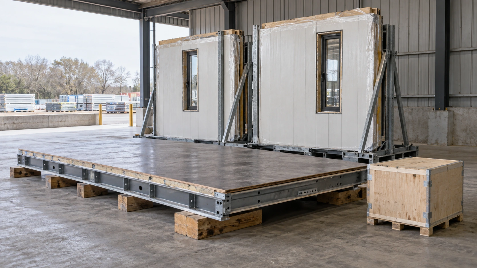 New concept illustration of a flat-pack modular building package with protected floor assembly and separately packed panels.
