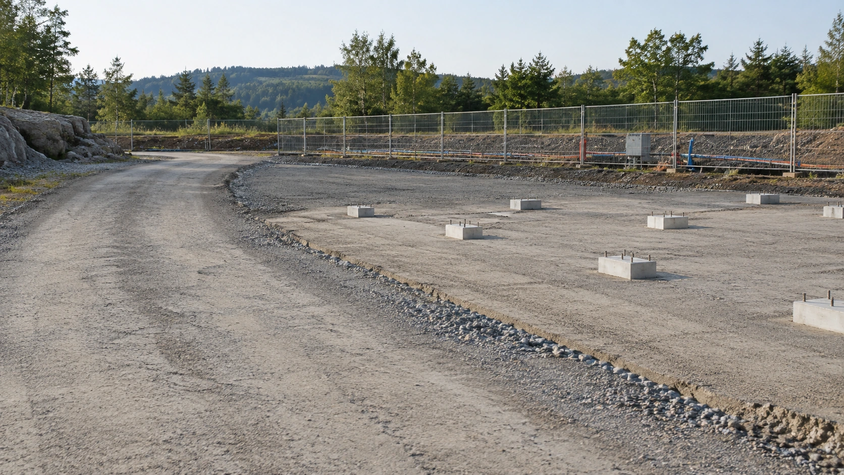 New concept illustration of a clear modular-building delivery lane beside completed support positions and protected utility routes.