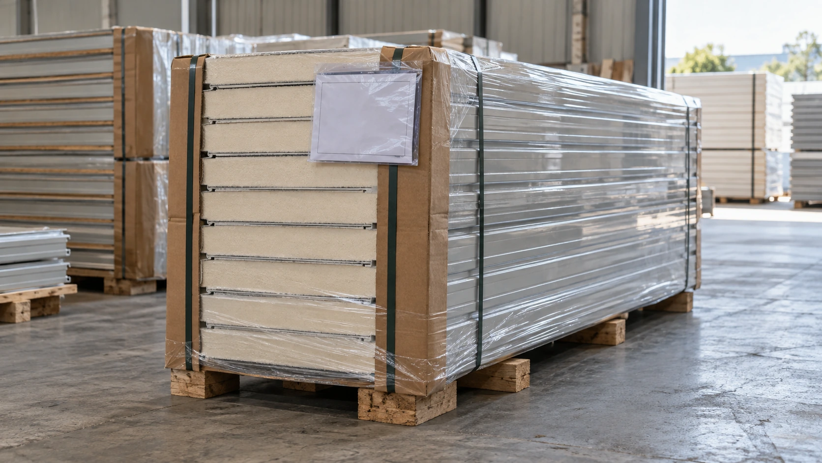 New concept illustration of a protected panel package with its intact corner wrapping visible in a receiving area.