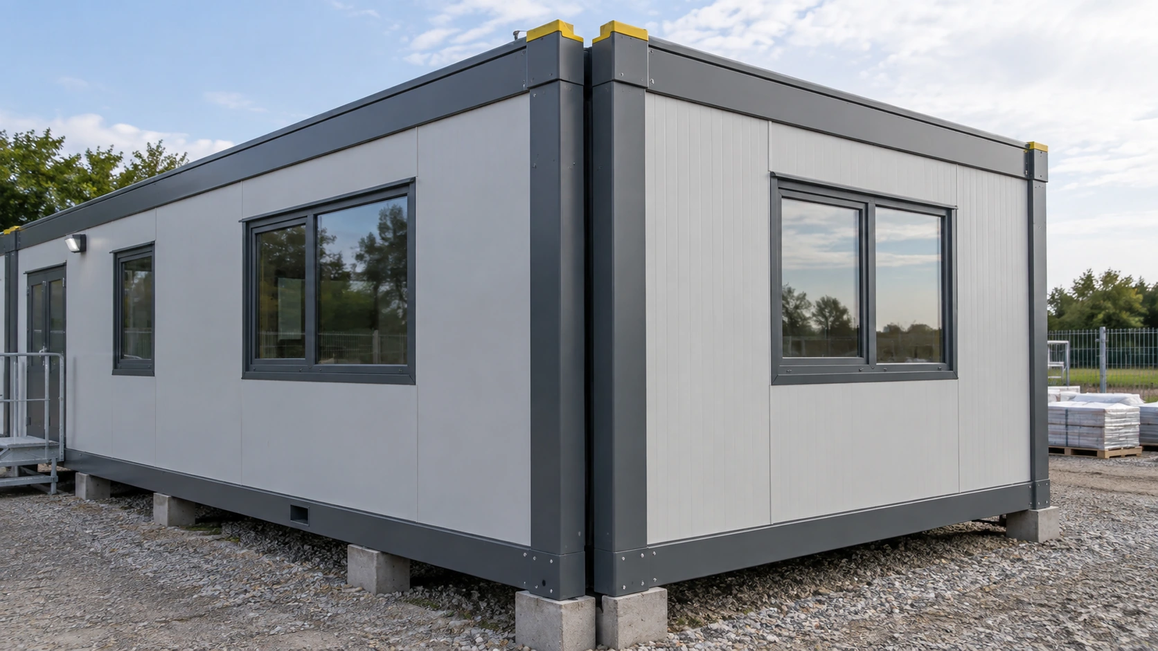 New concept illustration of two grounded prefab modules aligned at a visible structural and enclosure junction.