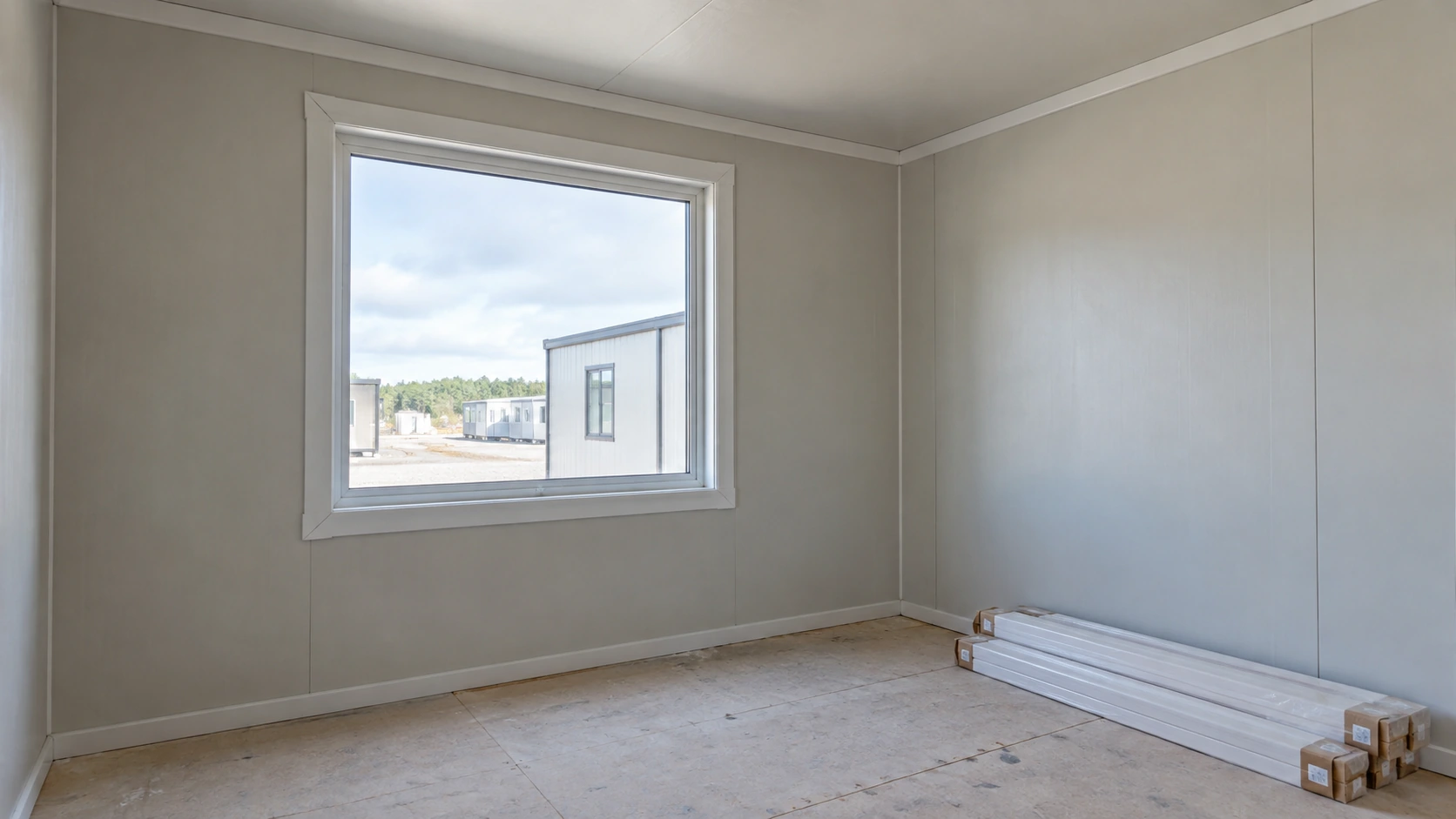 New concept illustration of a prefab window perimeter and roof-wall transition checked before the next finishing stage.